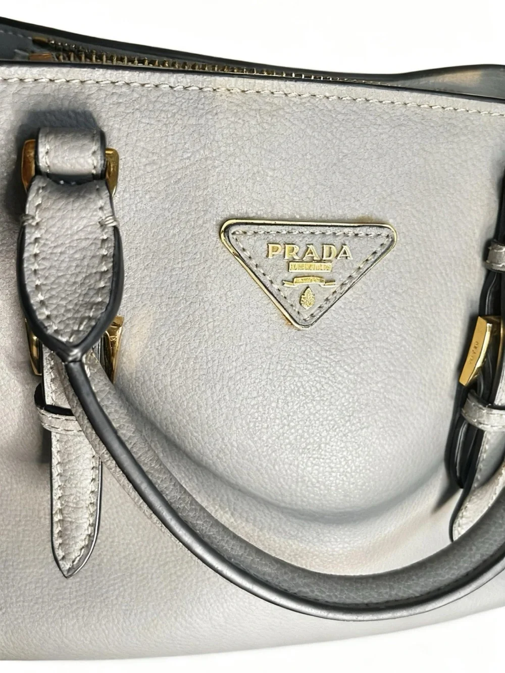 Prada Gray Leather Top-Handle Satchel with Gold Hardware